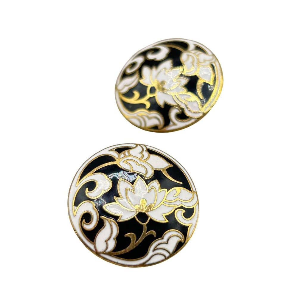 Vintage Enamel Cloisonne Pierced Earrings Lotus Floral Design Black & White